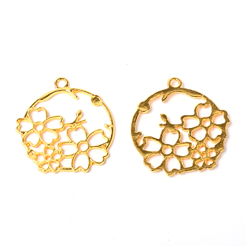 Alloy Open Back Bezel Pendants, For DIY UV Resin, Epoxy Resin, Pressed Flower Jewelry, Flat Round with Flower, Golden, 34x32x2mm, Hole: 2mm