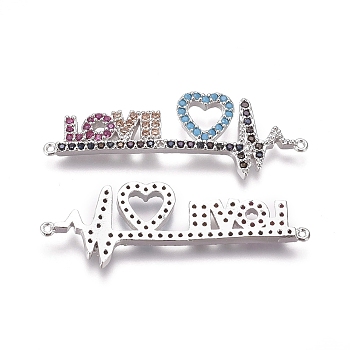 Brass Micro Pave Cubic Zirconia Links connectors, Word Love, Colorful, Platinum, 12.2x36x2mm, Hole: 0.7mm