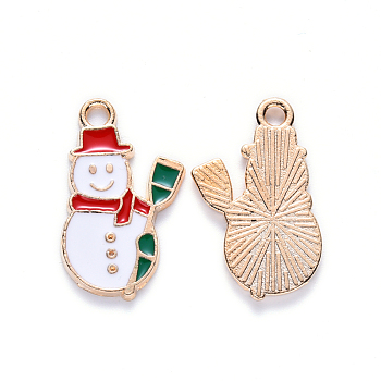 Alloy Enamel Pendants, for Christmas, Snowman, Light Gold, White, 21x13x1.5mm, Hole: 2mm