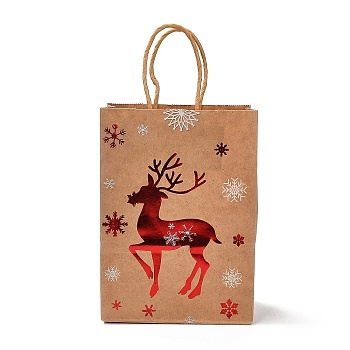 Christmas Theme Hot Stamping Rectangle Paper Bags, with Handles, for Gift Bags and Shopping Bags, Deer, Bag: 8x15x21cm, Fold: 210x150x2mm