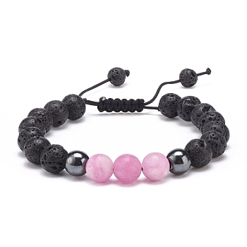 Medium Orchid Natural White Jade(Dyed) & Lava Rock & Synthetic Hematite Round Braided Bead Bracelet, Essential Oil Gemstone Jewelry for Women, Inner Diameter: 2~3 inch(5~7.6cm)