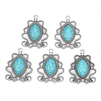 Synthetic Turquoise Pendants Settings for Enamel, with Aolly Findings, Cadmium Free & Nickel Free & Lead Free, Oval, Sky Blue, 39x31x7mm, Hole: 3mm