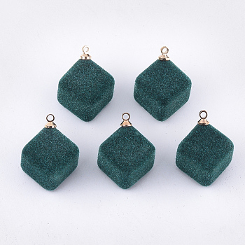 Flocky Acrylic Pendants, with Brass Findings, Cube, Golden, Dark Cyan, 24x17.5x17mm, Hole: 1.6mm