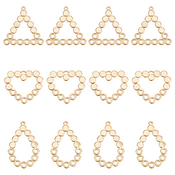 12Pcs 3 Style Brass Chandelier Component Links, Nickel Free, Mixed Shape, Real 18K Gold Plated, 24.5~35.5x23~30x1~1.2mm, Hole: 1x2.5mm and 2.5mm, 4pcs/style