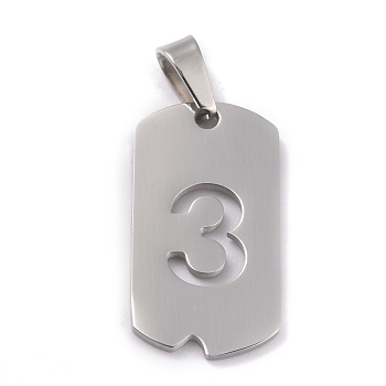 304 Stainless Steel Pendants, Manual Polishing, Rectangle with Number, Rainbow, Stainless Steel Color, Num.3, 27.5x14.5x1.5mm, Hole: 3.5mm