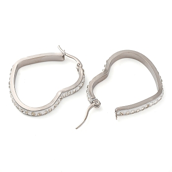 304 Stainless Steel Heart Hoop Earrings, with Polymer Clay and Rhinestone, Stainless Steel Color, 35x28x3.5mm, Pin: 0.8mm