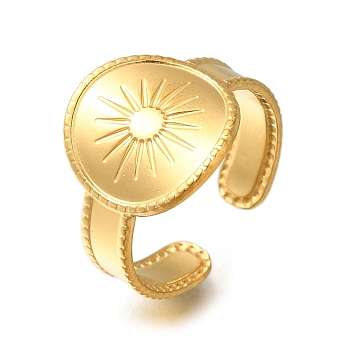 Flat Round with Sun 304 Stainless Steel Open Cuff Ring for Women, Real 18K Gold Plated, Adjustable