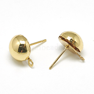Brass Stud Earring Findings, with Loop, Half Round, Real 18K Gold Plated, 13x10mm, Hole: 1mm, Pin: 0.8mm(KK-T032-004G)