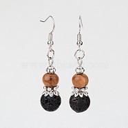 Natural Lava Rock Dangle Earrings, with Wood Beads and Metal Findings, 48mm, Pin: 0.6mm(X-EJEW-JE02106-01)