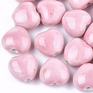 Handmade Porcelain Beads, Bright Glazed Porcelain Style, Heart, Pink, 14~15x16x9~10mm, Hole: 2mm(PORC-S498-16A-02)