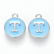 Platinum Plated Alloy Enamel Charms, Cadmium Free & Lead Free, Enamelled Sequins, Flat Round with Letter, Sky Blue, Letter.T, 14x12x2mm, Hole: 1.5mm(ENAM-S118-04T-P)