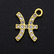 Alloy Rhinestone Charms, Golden, Crystal, Constellation, Pisces, 12x9.5x2mm, Hole: 1.5mm(PALLOY-S098-DA024-12)