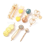 Imitation Pearl Iron Alligator Hair Clips Sets, with Acrylic and Resin, Mixed Shapes, Yellow, 50~60x14.5~24x6.5~16mm, 7pcs/set(PHAR-P005-05)