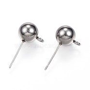 304 Stainless Steel Ball Stud Earring Findings, with Loop, Stainless Steel Color, 20x11x8mm, Hole: 2mm, Pin: 0.7mm(X-STAS-G099-10P)