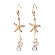 Starfish/Sea Stars 304 Stainless Steel Dangle Earring, Shell Pearl & Transparent Glass Beads Long Drop Earrings for Women, Golden, 75mm, Pin: 0.7mm(EJEW-TA00037)