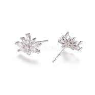 Brass Cubic Zirconia Stud Earring Findings, with Loop, Flower, Clear, Platinum, 15mm, Pin: 0.7mm(EJEW-E257-06P)