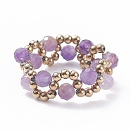 Natural Amethyst & Glass Seed Braided Bead Finger Ring, Gemstone Wire Wrap Jewelry for Women, Inner Diameter: 18~22mm(RJEW-JR00465-04)