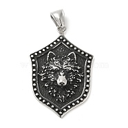304 Stainless Steel Manual Polishing Pendants, Shield with Wolf, Antique Silver, 47x32x9mm, Hole: 4.5x9mm(STAS-G274-34AS)