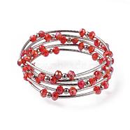 Five Loops Fashion Wrap Bracelets, with Rondelle Glass Beads, Iron Spacer Beads, Brass Tube Beads and Steel Memory Wire, Platinum, Red, 2 inch(5.2cm)(BJEW-JB04595-05)