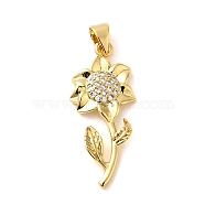 Rack Plating Brass Micro Pave Cubic Zirconia Pendants, Cadmium Free & Lead Free, Long-Lasting Plated, Flower, Real 18K Gold Plated, 28x12x3mm, Hole: 5x3.5mm(KK-P241-05G)