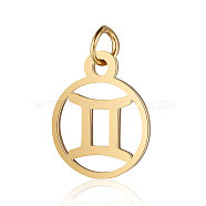 201 Stainless Steel Charms, with Jump Rings, Polished, Flat Round with Constellation, Golden, Gemini, 13x11x1mm, Hole: 2.5mm(STAS-T036-T513-3)