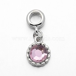 Alloy European Dangle Charms, with Acrylic Rhinestone, Flat Round, Platinum, Pink, 27mm, Hole: 5mm(X-MPDL-E023-02C)