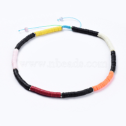 Handmade Polymer Clay Heishi Beads Braided Necklaces, with Cat Eye Beads, Brass Bead Spacers and Nylon Thread, Black, 16.9 inch~22.4 inch(43~57cm)(NJEW-JN02423-02)