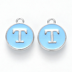 Platinum Plated Alloy Enamel Charms, Cadmium Free & Lead Free, Enamelled Sequins, Flat Round with Letter, Sky Blue, Letter.T, 14x12x2mm, Hole: 1.5mm(ENAM-S118-04T-P)