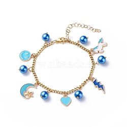 Alloy Enamel & Glass Pearl Charm Bracelet with 304 Stainless Steel Chains for Women, Deep Sky Blue, Pendants: 11~20x7.5~21x1.5~8mm, 7-1/2 inch(19cm)(BJEW-JB08707-02)