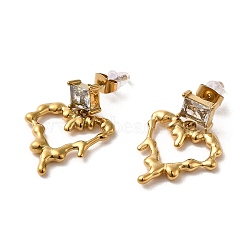 Melting Heart 304 Stainless Steel Dangle Stud Earrings, with Cubic Zirconia, Real 18K Gold Plated, 30.5x21mm(EJEW-C075-01G)