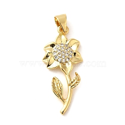 Rack Plating Brass Micro Pave Cubic Zirconia Pendants, Cadmium Free & Lead Free, Long-Lasting Plated, Flower, Real 18K Gold Plated, 28x12x3mm, Hole: 5x3.5mm(KK-P241-05G)