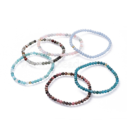 Natural Mixed Gemstone Stretch Bracelets, with Brass Beads, Round, Golden, 2-1/8 inch(5.3cm)(BJEW-JB04556)