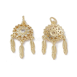 Brass Clear Cubic Zirconia Pendants, with Jump Ring, Woven Net/Web with Feather Charms, Real 18K Gold Plated, 27x15x2mm, Hole: 3mm(KK-E068-VA248-2)