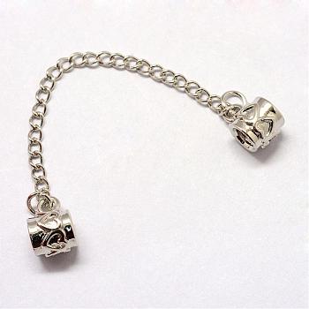 Alloy European Beads, with Iron Safety Chains, For European Bracelet Making, Column with Heart, Platinum, 95mm, Hole: 4mm