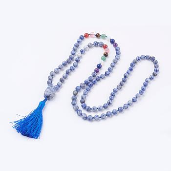 Natural Blue Spot Jasper Tassel Pendant Necklaces, with Gemstone Beads, Chakra Necklaces, 40.5 inch(103cm)