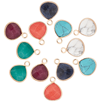 12Pcs 6 Colors Natural White Jade Gemstone Pendants, with Nickel Free Brass Loops, Dyed, Faceted, Teardrop, Golden, Mixed Color, 17.5x13.5x6.5mm, Hole: 2mm
