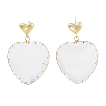 Glass Heart Dangle Stud Earrings, Light Gold Brass Earrings, White, 40x27.5mm