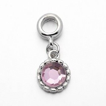 Alloy European Dangle Charms, with Acrylic Rhinestone, Flat Round, Platinum, Pink, 27mm, Hole: 5mm