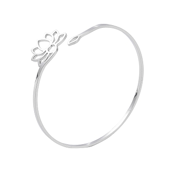 Hollow Out Lotus 304 Stainless Steel Open Cuff Bangles for Women, Stainless Steel Color, Inner Diameter: 2-1/4 inch(5.85cm)