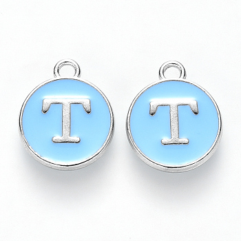 Platinum Plated Alloy Enamel Charms, Cadmium Free & Lead Free, Enamelled Sequins, Flat Round with Letter, Sky Blue, Letter.T, 14x12x2mm, Hole: 1.5mm