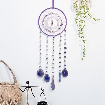 Natural Amethyst & Agate Window Hanging Pendant Decorations, with Leather Cord & Glass & Iron Ring, Woven Web/Net, 550mm