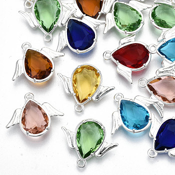 Faceted Glass Pendants, with Eco-Friendly Alloy Findings, Cadmium Free & Nickel Free & Lead Free, Angel, Light Gold, Mixed Color, 18x22x4.5mm, Hole: 1.6mm