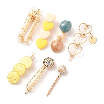 Imitation Pearl Iron Alligator Hair Clips Sets, with Acrylic and Resin, Mixed Shapes, Yellow, 50~60x14.5~24x6.5~16mm, 7pcs/set