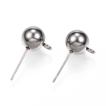 304 Stainless Steel Ball Stud Earring Findings, with Loop, Stainless Steel Color, 20x11x8mm, Hole: 2mm, Pin: 0.7mm