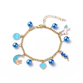 Alloy Enamel & Glass Pearl Charm Bracelet with 304 Stainless Steel Chains for Women, Deep Sky Blue, Pendants: 11~20x7.5~21x1.5~8mm, 7-1/2 inch(19cm)