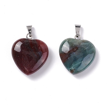 Natural Indian Agate Pendants, Heart, with Brass Findings, Platinum, 22~23x20~20.5x6~7.5mm, Hole: 5x8mm