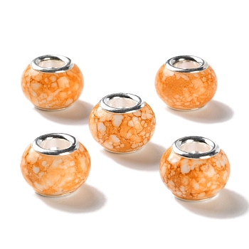 Brass Cores Acrylic European Beads, Round, Large Hole Bead, Silver, Orange, 14x10mm, Hole: 5mm