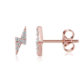 Brass Micro Pave Cubic Zirconia Flash Stud Earrings, Lightning, Clear, Rose Gold, 13.5x7.5x3mm, Pin: 0.8mm
