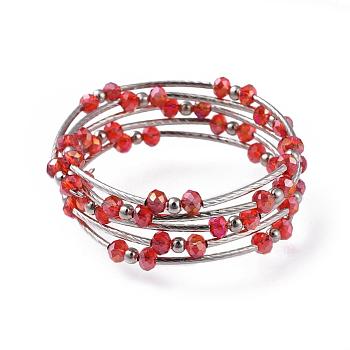 Five Loops Fashion Wrap Bracelets, with Rondelle Glass Beads, Iron Spacer Beads, Brass Tube Beads and Steel Memory Wire, Platinum, Red, 2 inch(5.2cm)