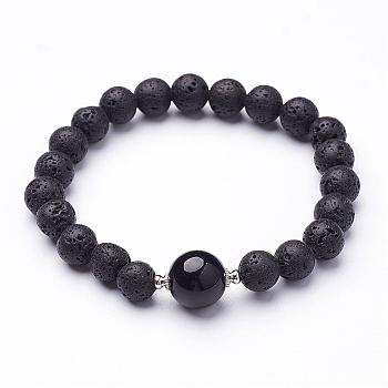 Natural Lava Rock Beaded Stretch Bracelets, with Natural Black Agate(Dyed) Beads, 2-1/8 inch(53mm)